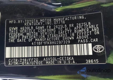 2017 Toyota Camry Se из США, поврежденный, VIN 4T1BF1FK8HU297329